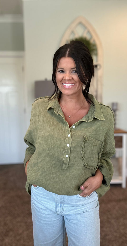 Olive Vintage Wash Button Top