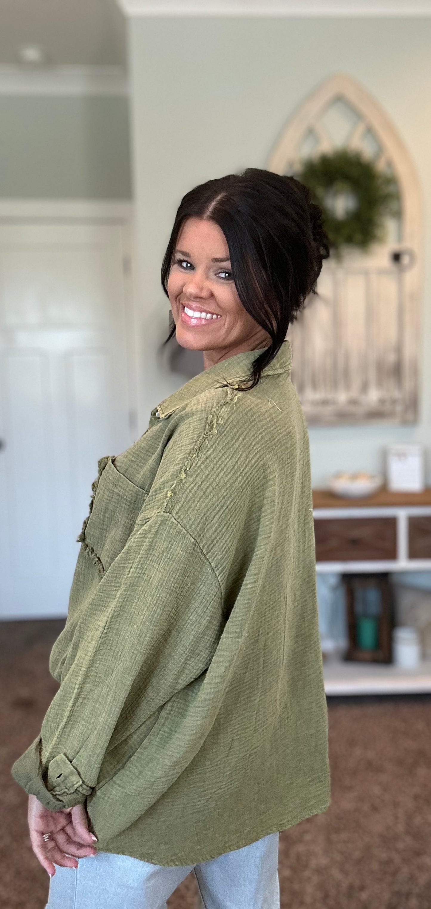 Olive Vintage Wash Button Top