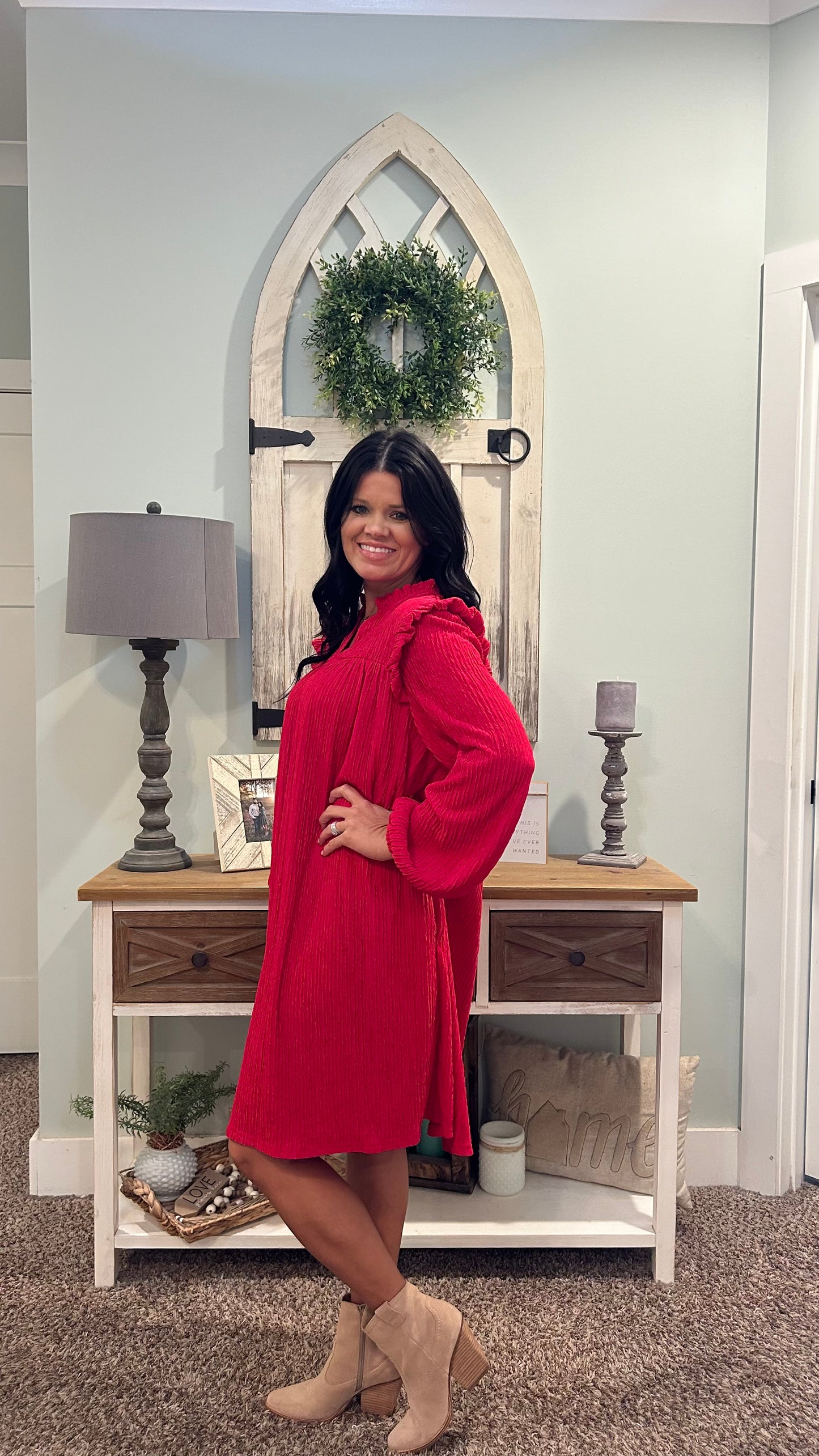 Red Ruffled Trim V Neck Dress