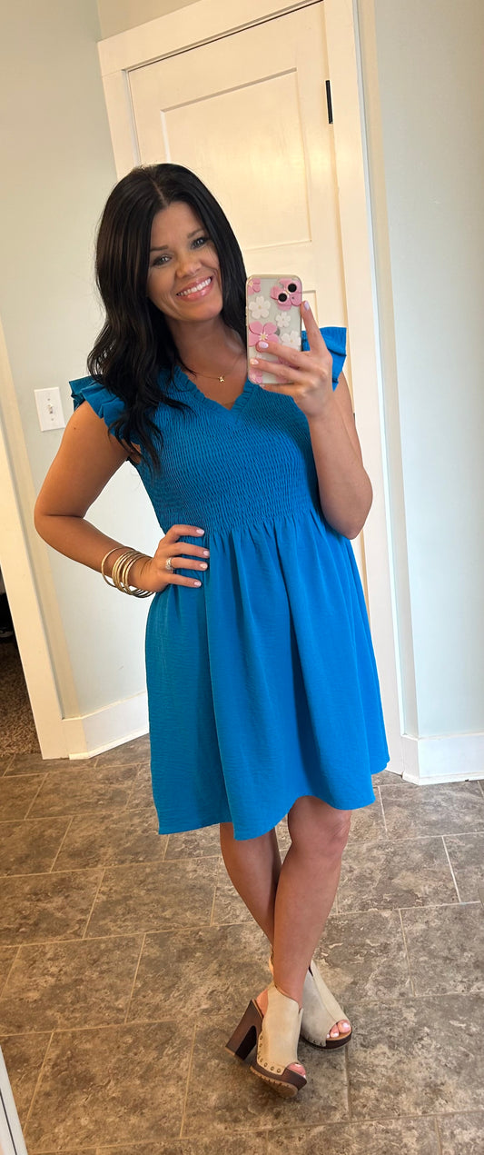 Blue Frilled V-Neck Smocked Dress