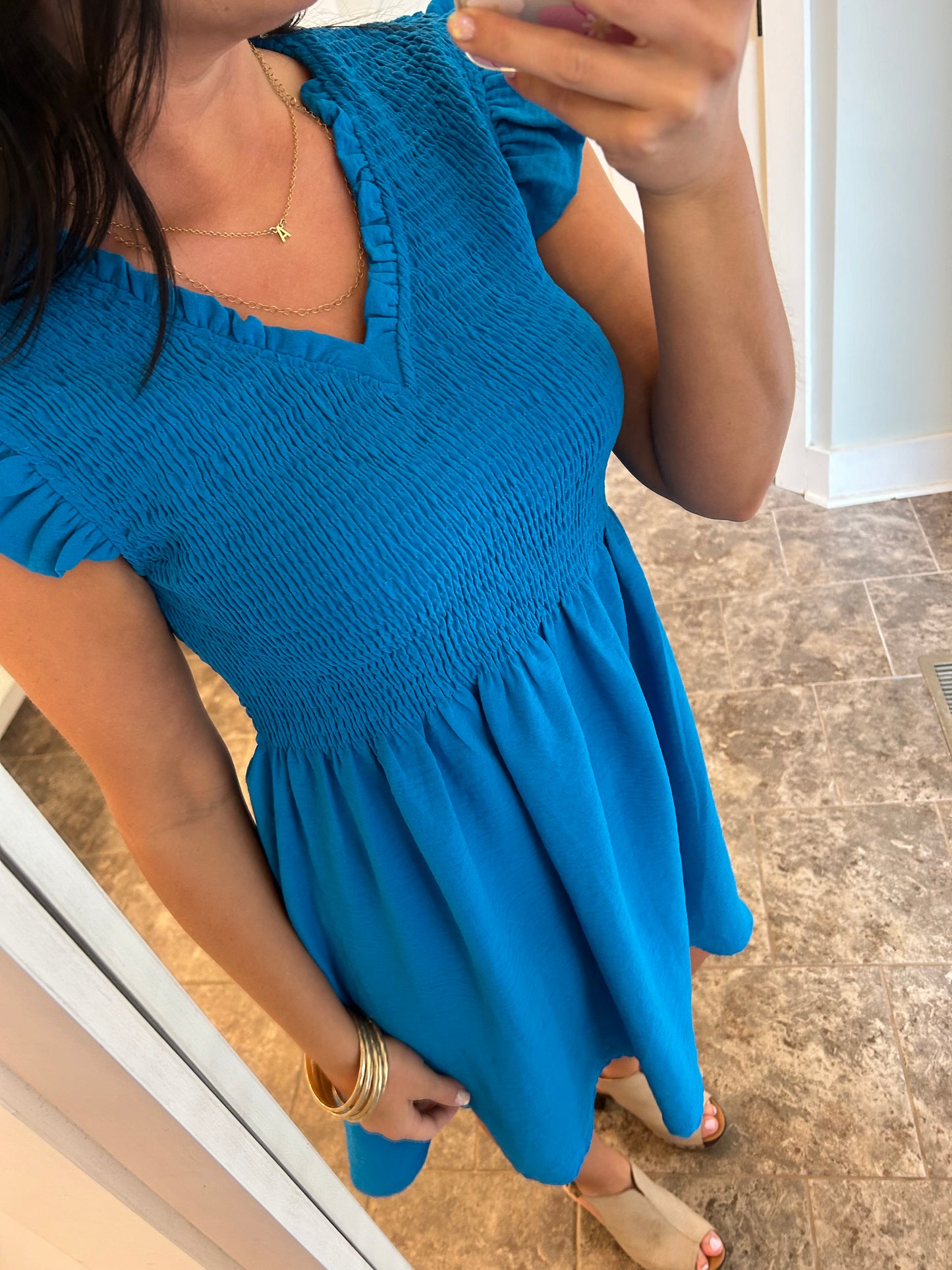 Blue Frilled V-Neck Smocked Dress