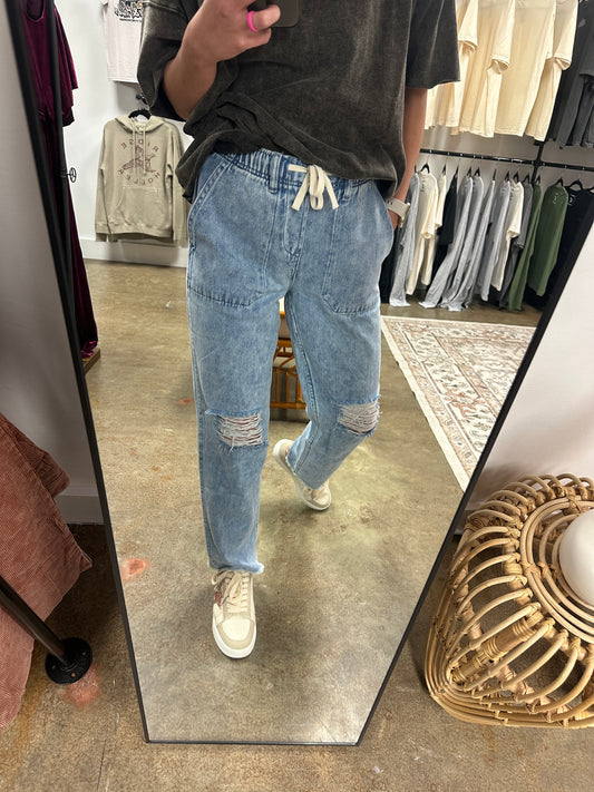 Washed Distressed Denim Jogger Pants