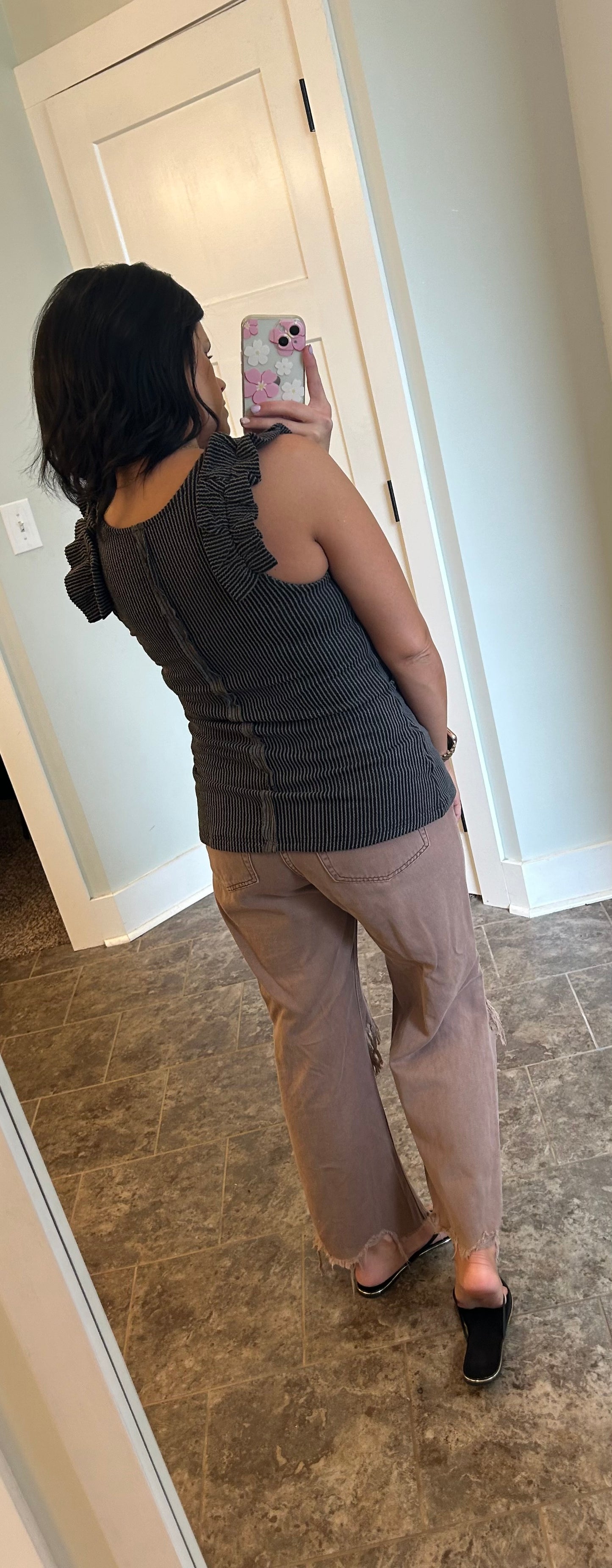 Gray Ruched Shoulder RIbbed Knit Tank