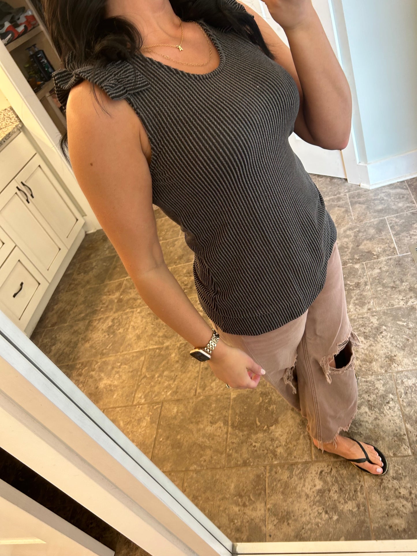 Gray Ruched Shoulder RIbbed Knit Tank