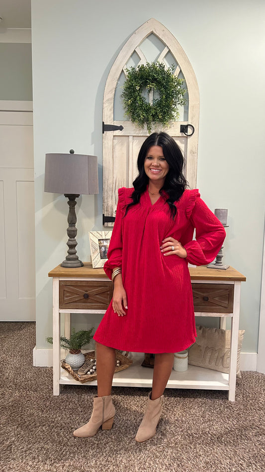 Red Ruffled Trim V Neck Dress