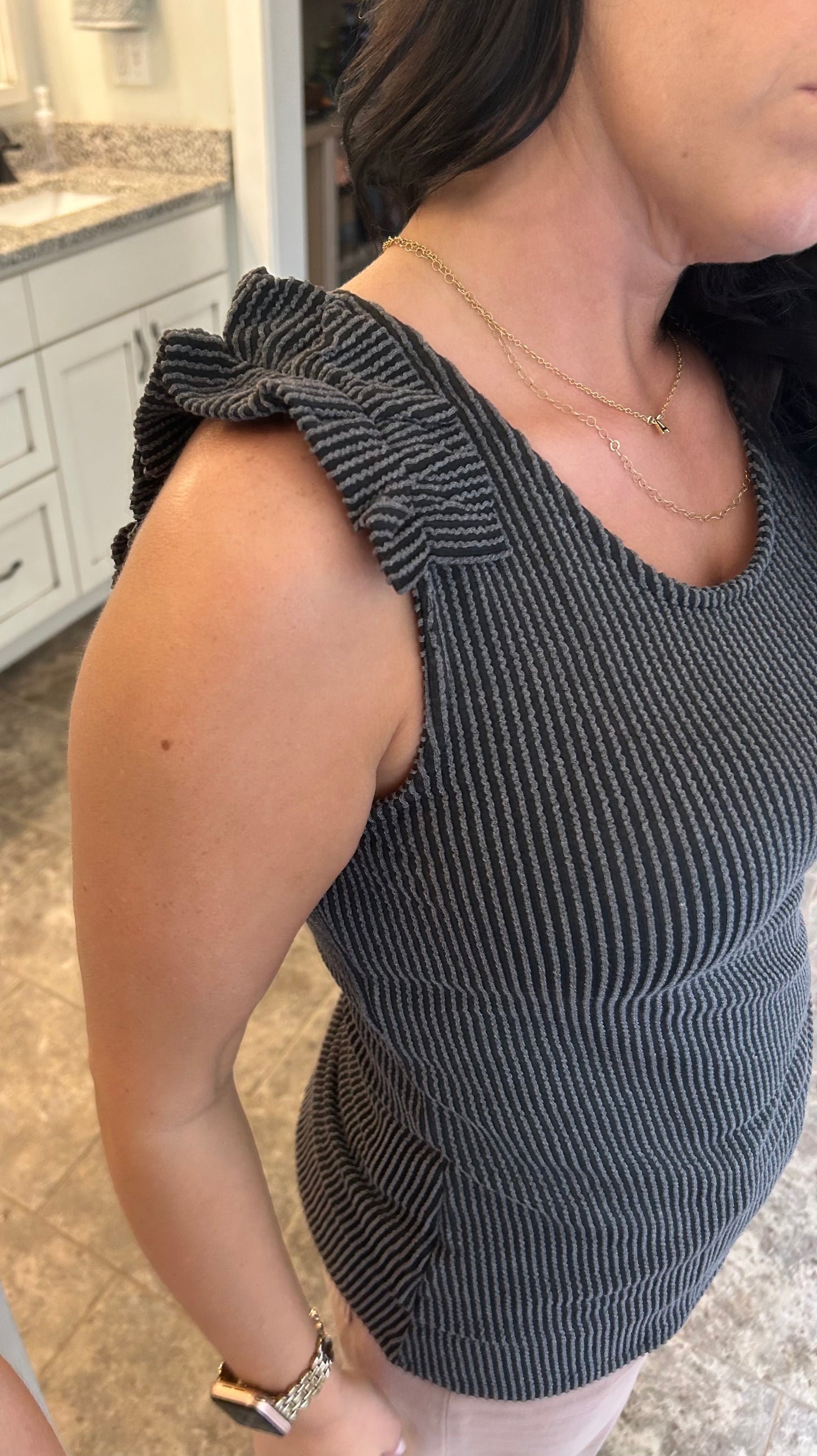 Gray Ruched Shoulder RIbbed Knit Tank