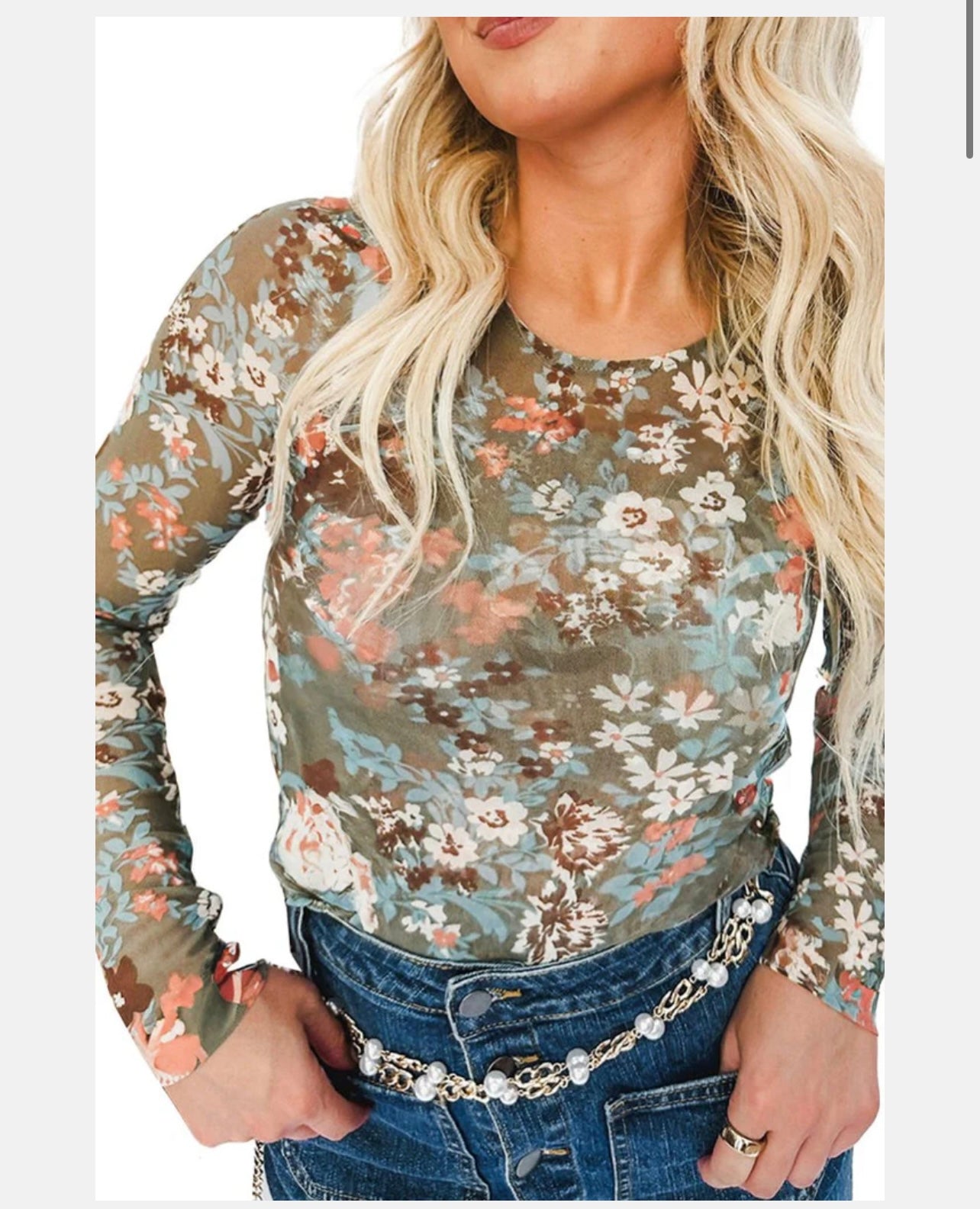 Green Floral Mesh Top