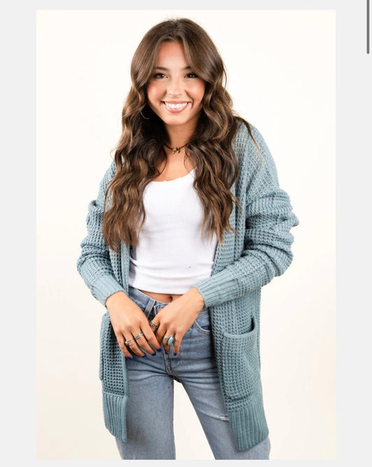 Cozy Blue Waffle Pocket Cardigan