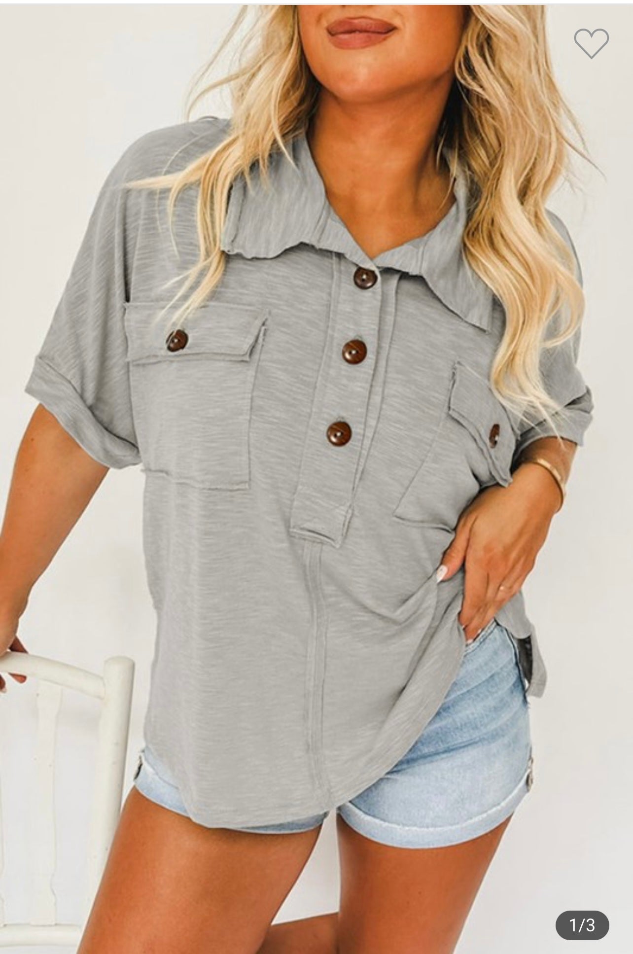 Gray Half Buttoned Collared Top