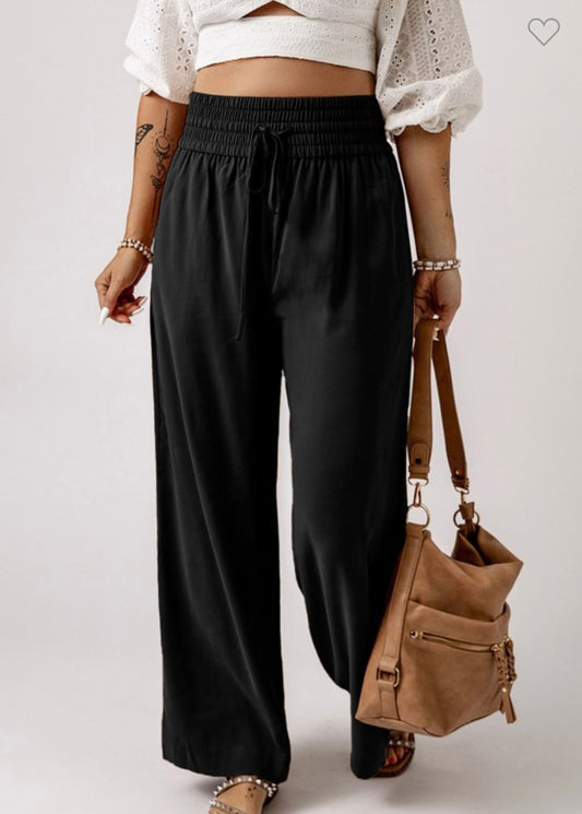 Black Elastic Waist Wide Leg Pants