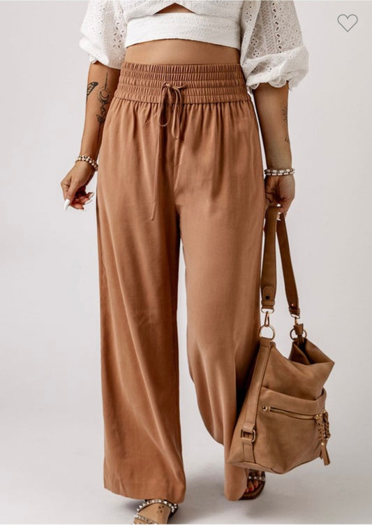 Camel Elastic Waist Wide Leg Pants