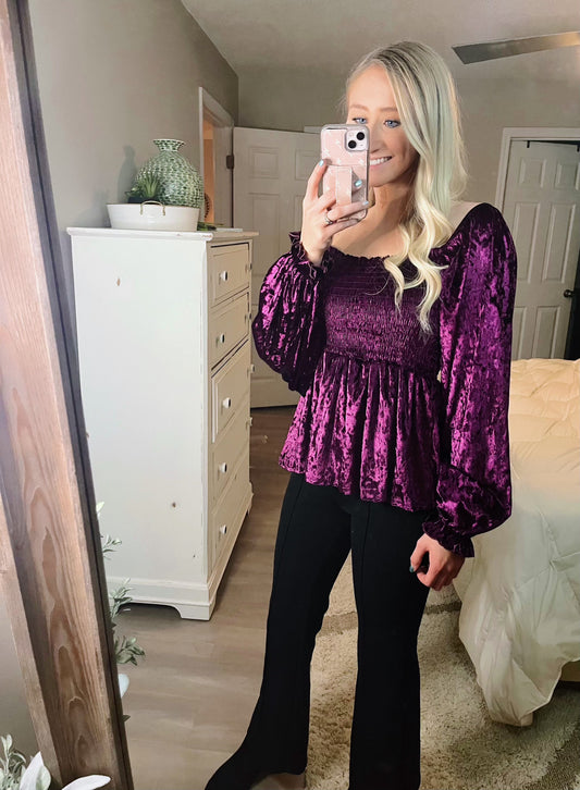 Plum Velvet Smocked Puff Sleeve Top